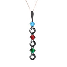 Leilani Kolye - Akuamarin, garnet ve yeşil kuvars 925 ayar siyah rodyum kaplama gümüş kolye (40 cm rose altın rolo zincir) #14xxvzp