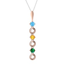 Akuamarin, sitrin ve yeşil kuvars 8 ayar rose altın kolye (40 cm beyaz altın rolo zincir)