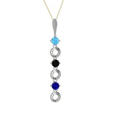 Akuamarin, siyah zirkon ve lab safir 14 ayar beyaz altın kolye (40 cm altın rolo zincir)