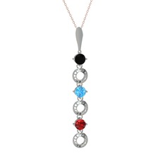 Siyah zirkon, akuamarin ve garnet 14 ayar beyaz altın kolye (40 cm rose altın rolo zincir)