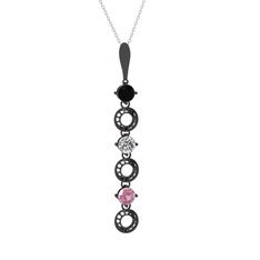 Siyah zirkon, beyaz zirkon ve pembe kuvars 925 ayar siyah rodyum kaplama gümüş kolye (40 cm beyaz altın rolo zincir)