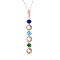 Lab safir, akuamarin ve yeşil kuvars 925 ayar rose altın kaplama gümüş kolye (40 cm rose altın rolo zincir)