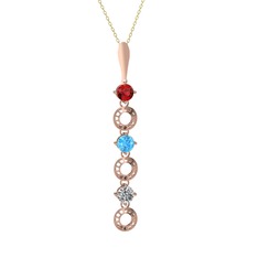 Garnet, akuamarin ve beyaz zirkon 8 ayar rose altın kolye (40 cm gümüş rolo zincir)