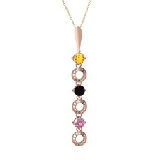 Sitrin, siyah zirkon ve pembe kuvars 8 ayar rose altın kolye (40 cm altın rolo zincir)