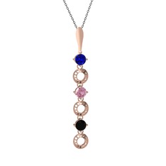 Lab safir, pembe kuvars ve siyah zirkon 925 ayar rose altın kaplama gümüş kolye (40 cm gümüş rolo zincir)