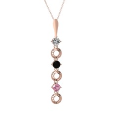 Beyaz zirkon, siyah zirkon ve pembe kuvars 925 ayar rose altın kaplama gümüş kolye (40 cm gümüş rolo zincir)