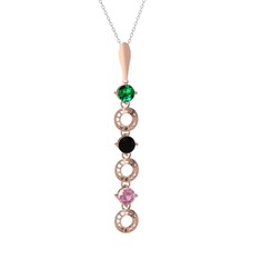 Yeşil kuvars, siyah zirkon ve pembe kuvars 8 ayar rose altın kolye (40 cm gümüş rolo zincir)
