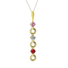 Pembe kuvars, beyaz zirkon ve garnet 8 ayar altın kolye (40 cm rose altın rolo zincir)
