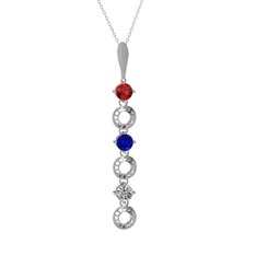 Garnet, lab safir ve beyaz zirkon 925 ayar gümüş kolye (40 cm beyaz altın rolo zincir)