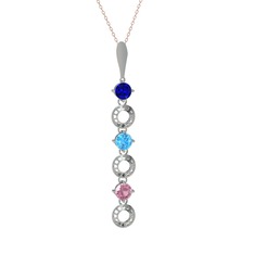 Lab safir, akuamarin ve pembe kuvars 8 ayar beyaz altın kolye (40 cm rose altın rolo zincir)