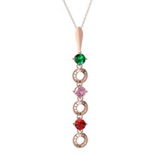 Yeşil kuvars, pembe kuvars ve garnet 925 ayar rose altın kaplama gümüş kolye (40 cm rose altın rolo zincir)