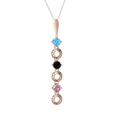Akuamarin, siyah zirkon ve pembe kuvars 8 ayar rose altın kolye (40 cm gümüş rolo zincir)