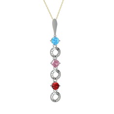 Akuamarin, pembe kuvars ve garnet 14 ayar beyaz altın kolye (40 cm altın rolo zincir)
