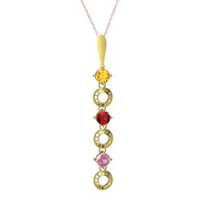 Sitrin, garnet ve pembe kuvars 925 ayar altın kaplama gümüş kolye (40 cm rose altın rolo zincir)