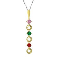 Pembe kuvars, yeşil kuvars ve garnet 14 ayar altın kolye (40 cm gümüş rolo zincir)