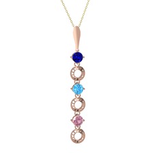 Lab safir, akuamarin ve pembe kuvars 925 ayar rose altın kaplama gümüş kolye (40 cm gümüş rolo zincir)