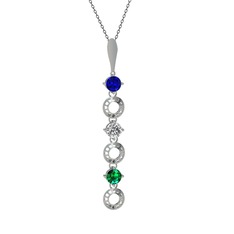 Lab safir, beyaz zirkon ve yeşil kuvars 14 ayar beyaz altın kolye (40 cm gümüş rolo zincir)