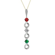 Garnet, beyaz zirkon ve yeşil kuvars 14 ayar beyaz altın kolye (40 cm altın rolo zincir)