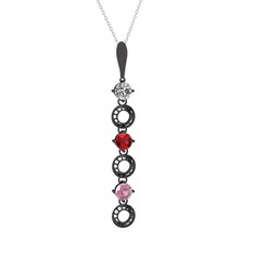 Beyaz zirkon, garnet ve pembe kuvars 925 ayar siyah rodyum kaplama gümüş kolye (40 cm beyaz altın rolo zincir)