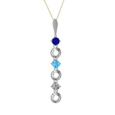 Lab safir, akuamarin ve beyaz zirkon 14 ayar beyaz altın kolye (40 cm altın rolo zincir)