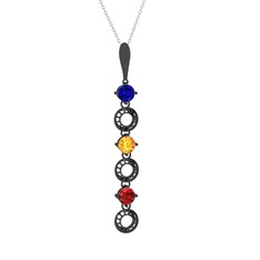 Lab safir, sitrin ve garnet 925 ayar siyah rodyum kaplama gümüş kolye (40 cm beyaz altın rolo zincir)