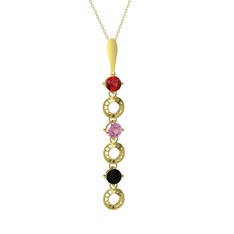 Garnet, pembe kuvars ve siyah zirkon 925 ayar altın kaplama gümüş kolye (40 cm altın rolo zincir)
