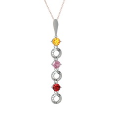 Sitrin, pembe kuvars ve garnet 8 ayar beyaz altın kolye (40 cm rose altın rolo zincir)