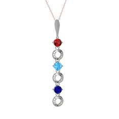 Garnet, akuamarin ve lab safir 8 ayar beyaz altın kolye (40 cm rose altın rolo zincir)