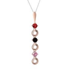 Garnet, siyah zirkon ve pembe kuvars 14 ayar rose altın kolye (40 cm beyaz altın rolo zincir)
