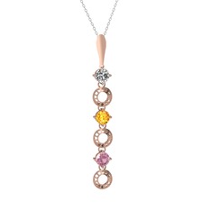 Beyaz zirkon, sitrin ve pembe kuvars 14 ayar rose altın kolye (40 cm beyaz altın rolo zincir)
