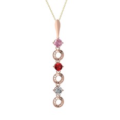Pembe kuvars, garnet ve beyaz zirkon 14 ayar rose altın kolye (40 cm gümüş rolo zincir)