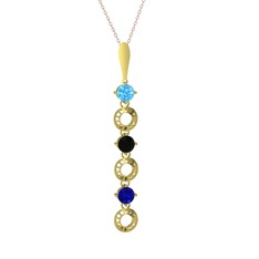 Akuamarin, siyah zirkon ve lab safir 14 ayar altın kolye (40 cm rose altın rolo zincir)