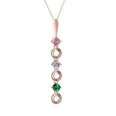 Pembe kuvars, beyaz zirkon ve yeşil kuvars 925 ayar rose altın kaplama gümüş kolye (40 cm altın rolo zincir)