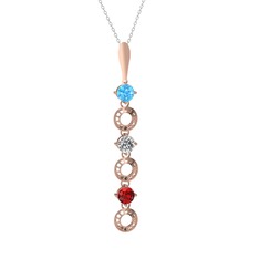 Akuamarin, beyaz zirkon ve garnet 925 ayar rose altın kaplama gümüş kolye (40 cm beyaz altın rolo zincir)
