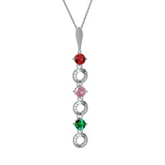 Garnet, pembe kuvars ve yeşil kuvars 925 ayar gümüş kolye (40 cm gümüş rolo zincir)