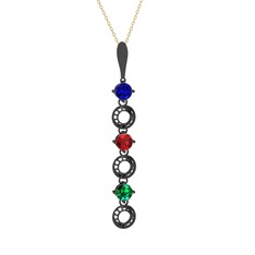 Lab safir, garnet ve yeşil kuvars 925 ayar siyah rodyum kaplama gümüş kolye (40 cm altın rolo zincir)
