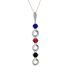 Lab safir, garnet ve siyah zirkon 925 ayar gümüş kolye (40 cm gümüş rolo zincir)
