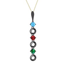 Akuamarin, garnet ve yeşil kuvars 925 ayar siyah rodyum kaplama gümüş kolye (40 cm gümüş rolo zincir)