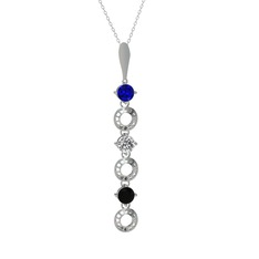Lab safir, beyaz zirkon ve siyah zirkon 925 ayar gümüş kolye (40 cm beyaz altın rolo zincir)