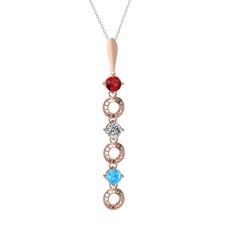 Garnet, beyaz zirkon ve akuamarin 14 ayar rose altın kolye (40 cm beyaz altın rolo zincir)