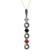 Beyaz zirkon, siyah zirkon ve garnet 925 ayar siyah rodyum kaplama gümüş kolye (40 cm gümüş rolo zincir)