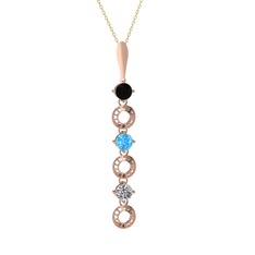 Siyah zirkon, akuamarin ve beyaz zirkon 925 ayar rose altın kaplama gümüş kolye (40 cm altın rolo zincir)