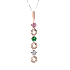 Pembe kuvars, yeşil kuvars ve beyaz zirkon 925 ayar rose altın kaplama gümüş kolye (40 cm beyaz altın rolo zincir)