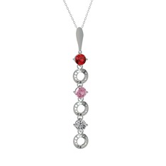 Garnet, pembe kuvars ve beyaz zirkon 925 ayar gümüş kolye (40 cm beyaz altın rolo zincir)