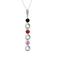 Siyah zirkon, garnet ve pembe kuvars 14 ayar beyaz altın kolye (40 cm beyaz altın rolo zincir)