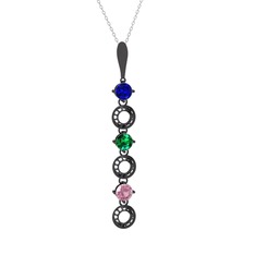 Leilani Kolye - Lab safir, yeşil kuvars ve pembe kuvars 925 ayar siyah rodyum kaplama gümüş kolye (40 cm beyaz altın rolo zincir) #34464c