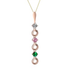 Beyaz zirkon, pembe kuvars ve yeşil kuvars 14 ayar rose altın kolye (40 cm altın rolo zincir)