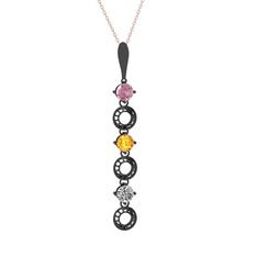 Leilani Kolye - Pembe kuvars, sitrin ve beyaz zirkon 925 ayar siyah rodyum kaplama gümüş kolye (40 cm rose altın rolo zincir) #41i6mk
