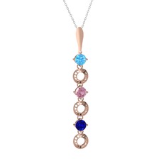 Akuamarin, pembe kuvars ve lab safir 8 ayar rose altın kolye (40 cm gümüş rolo zincir)