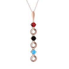 Garnet, siyah zirkon ve akuamarin 8 ayar rose altın kolye (40 cm rose altın rolo zincir)